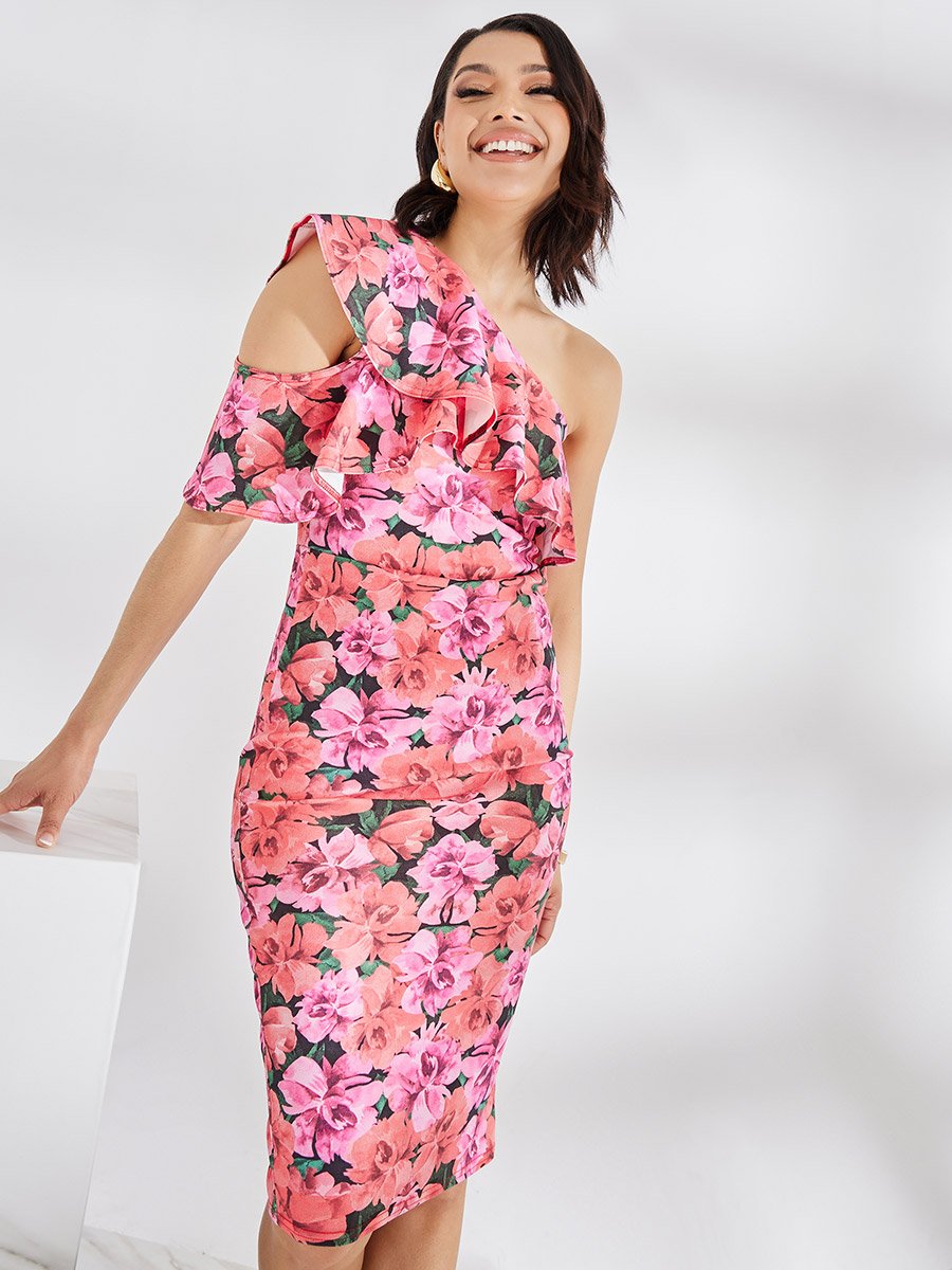 Ruffled One Shoulder Floral Bodycon Dress