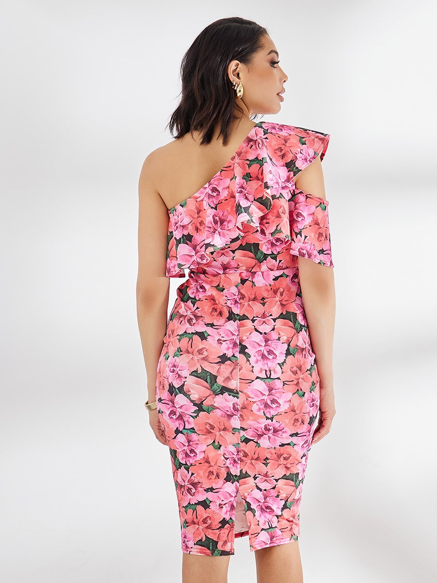 Ruffled One Shoulder Floral Bodycon Dress