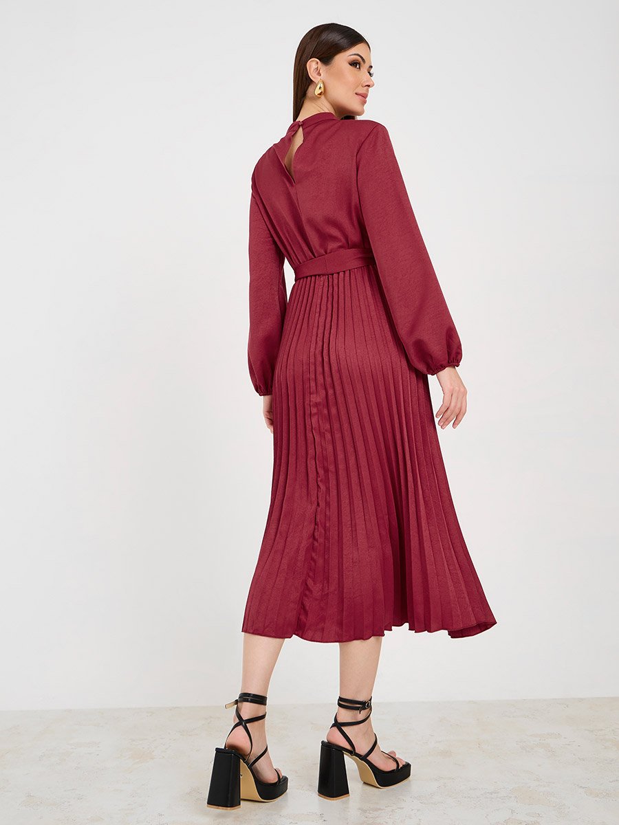 Tie Neck High Neck Pleated Midi Dress High Neck Pleated A-Line Midi Dress  For Women At Kuwait Styli