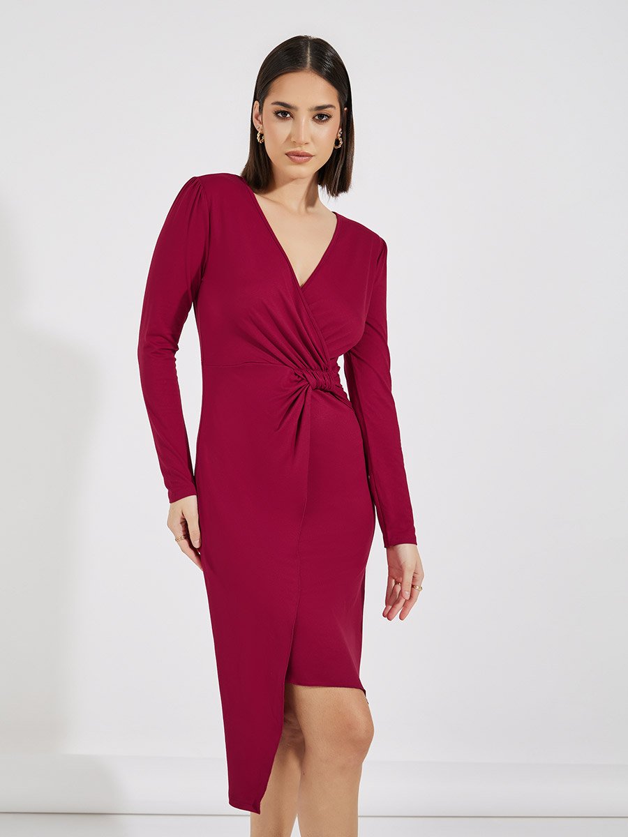 Knotted Wrap Front Bodycon Midi Dress