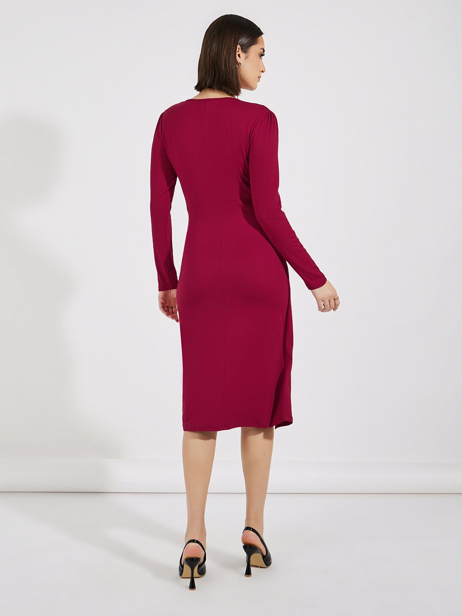 Knotted Wrap Front Bodycon Midi Dress