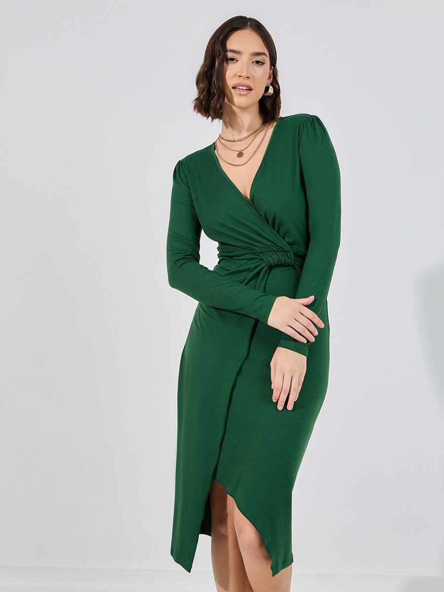 Knotted Wrap Front Bodycon Midi Dress