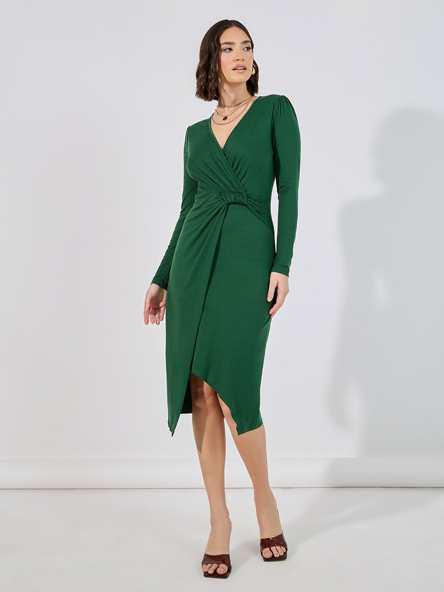 Knotted Wrap Front Bodycon Midi Dress