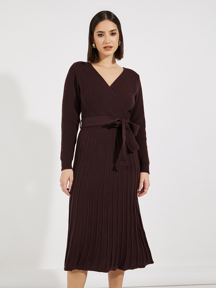 Textured Knit Sweater Midi Dress with Tie Belt