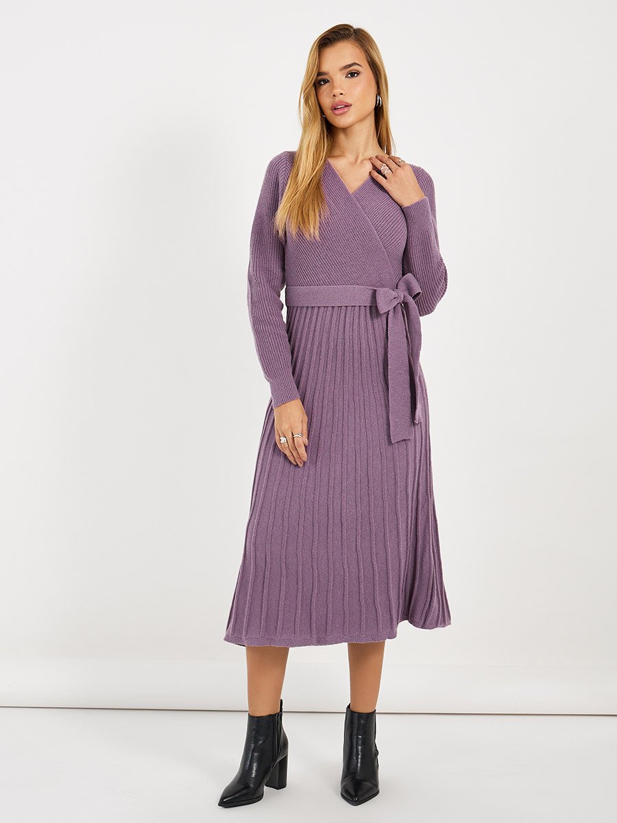 Textured Knit Sweater Midi Dress with Tie Belt