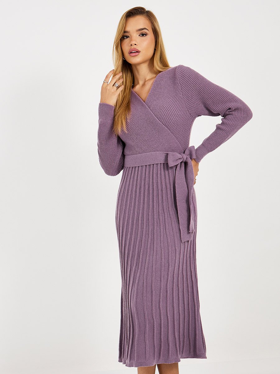 Textured Knit Sweater Midi Dress with Tie Belt