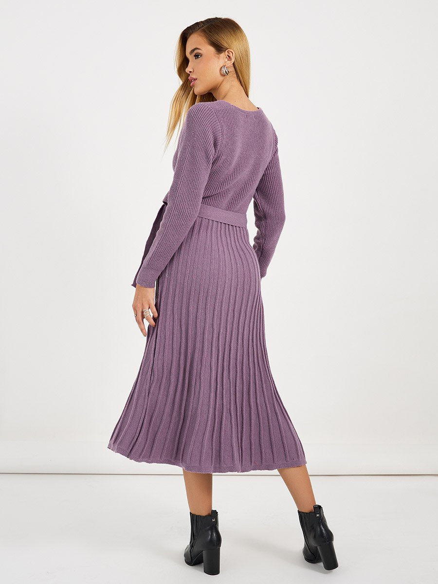 Textured Knit Sweater Midi Dress with Tie Belt