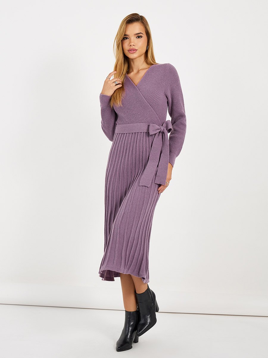 Textured Knit Sweater Midi Dress with Tie Belt