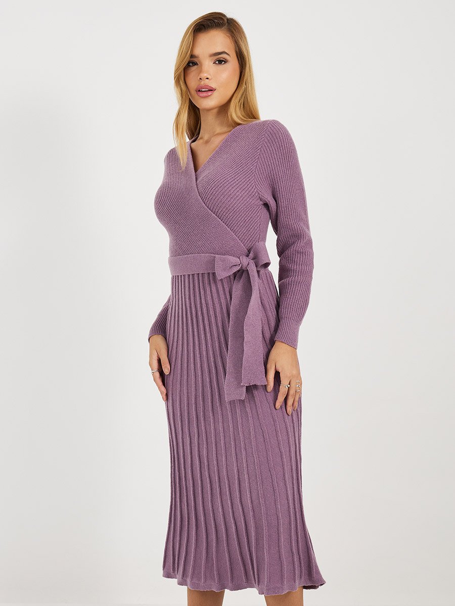 Textured Knit Sweater Midi Dress with Tie Belt