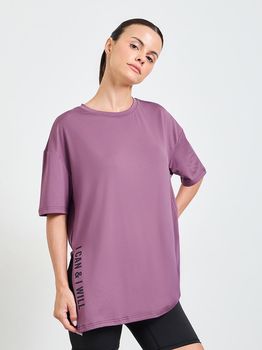 Pink Slogan Side Slit Detail Loose Yoga Fit Top