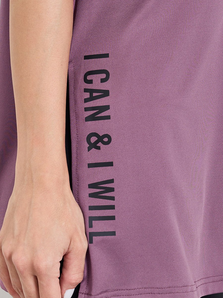 Pink Slogan Side Slit Detail Loose Yoga Fit Top