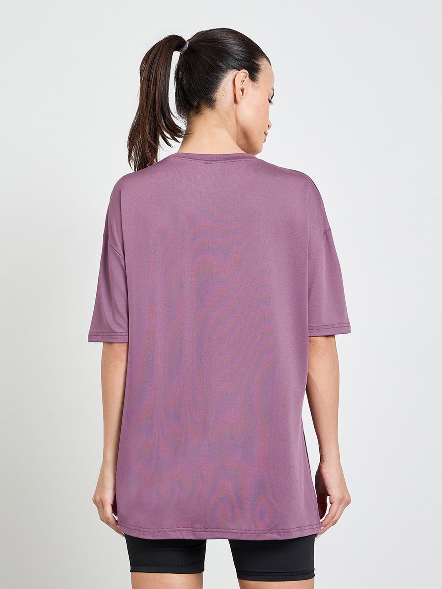 Pink Slogan Side Slit Detail Loose Yoga Fit Top