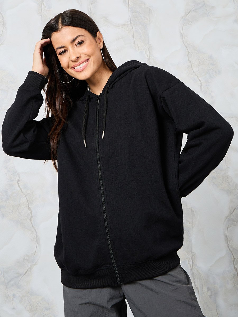 Black Oversized Zip Through Longline Hoodie