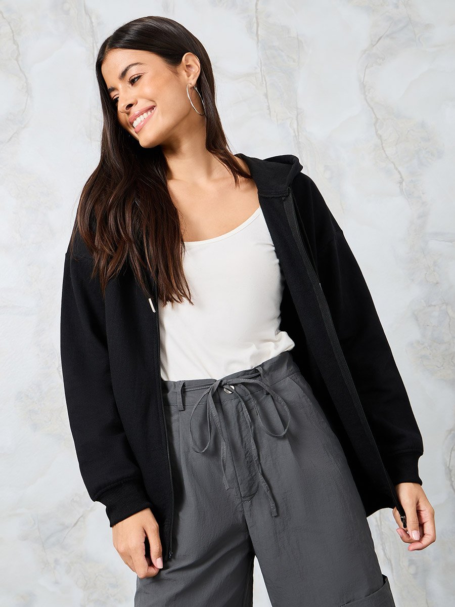 Black Oversized Zip Through Longline Hoodie