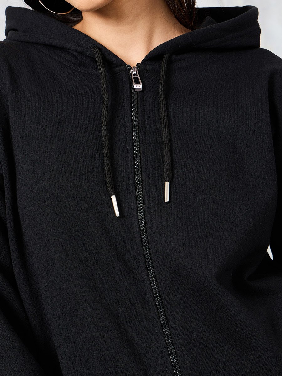Black Oversized Zip Through Longline Hoodie