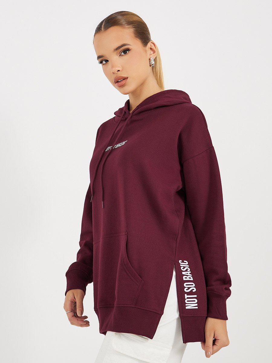 Oversized Longline Slogan Hoodie with Side Slits