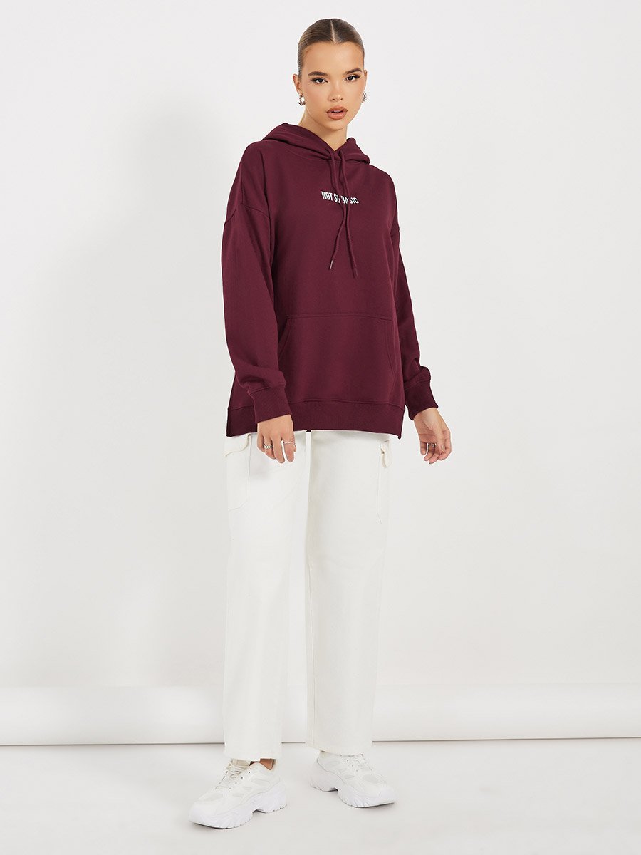 Oversized Longline Slogan Hoodie with Side Slits