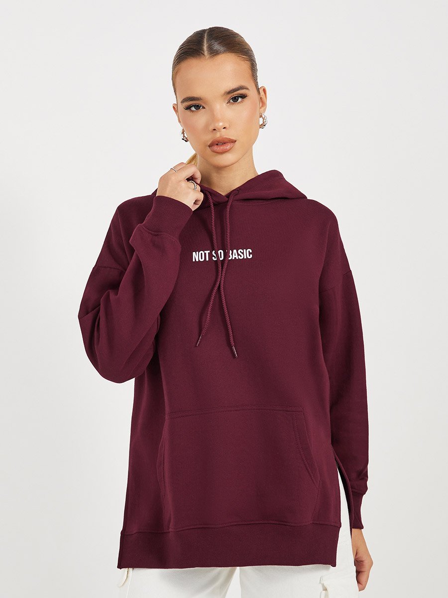 Oversized Longline Slogan Hoodie with Side Slits