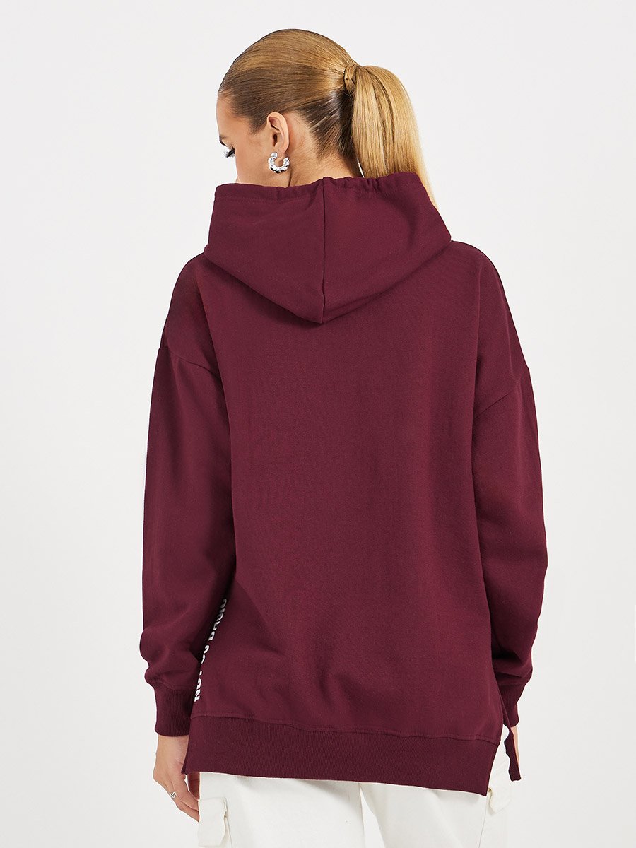 Oversized Longline Slogan Hoodie with Side Slits