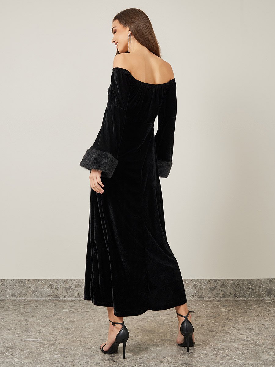 knee length dresses for ladies Luxury Fur Collars Christmas Classic Fashion Long Evening Dress New Y 24W / Picture Color