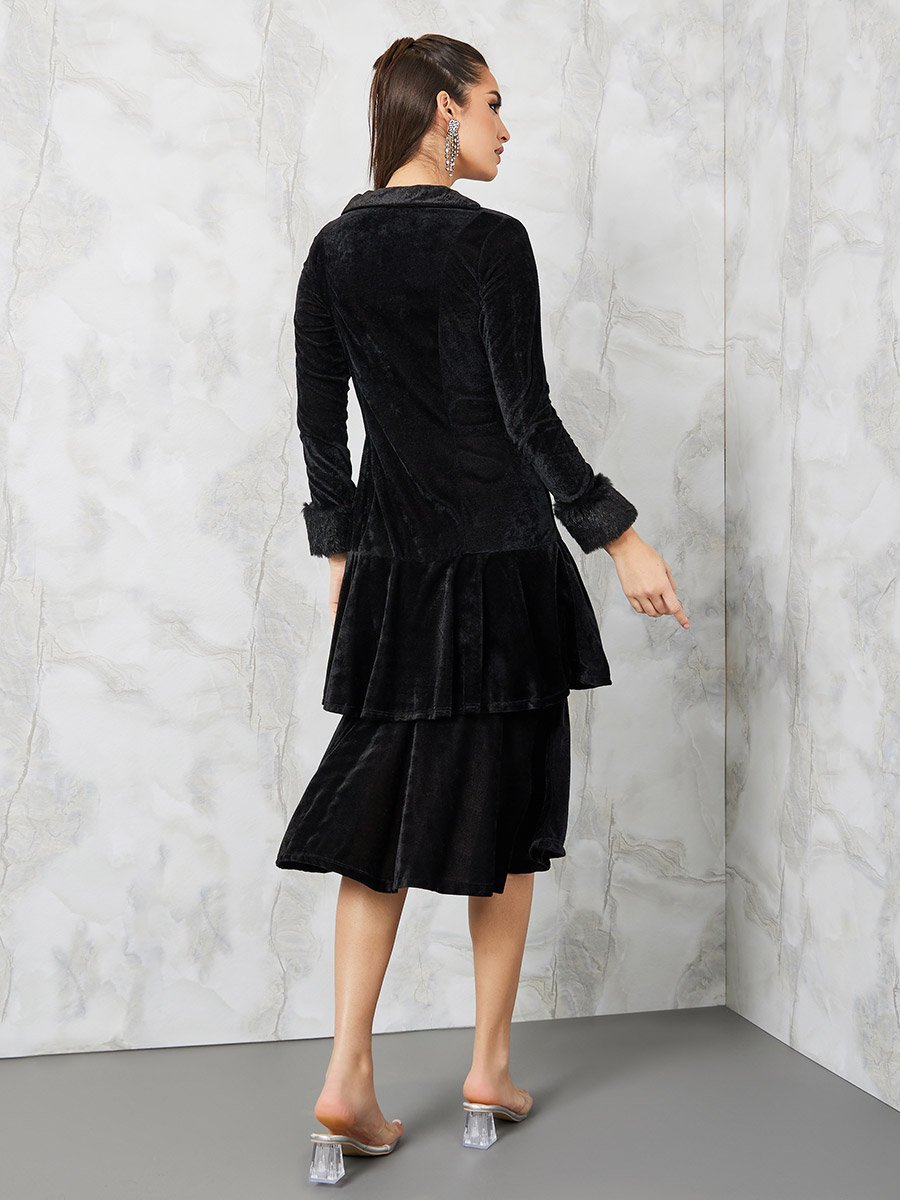 Faux Fur Trim Layered Velvet Blazer Midi Dress