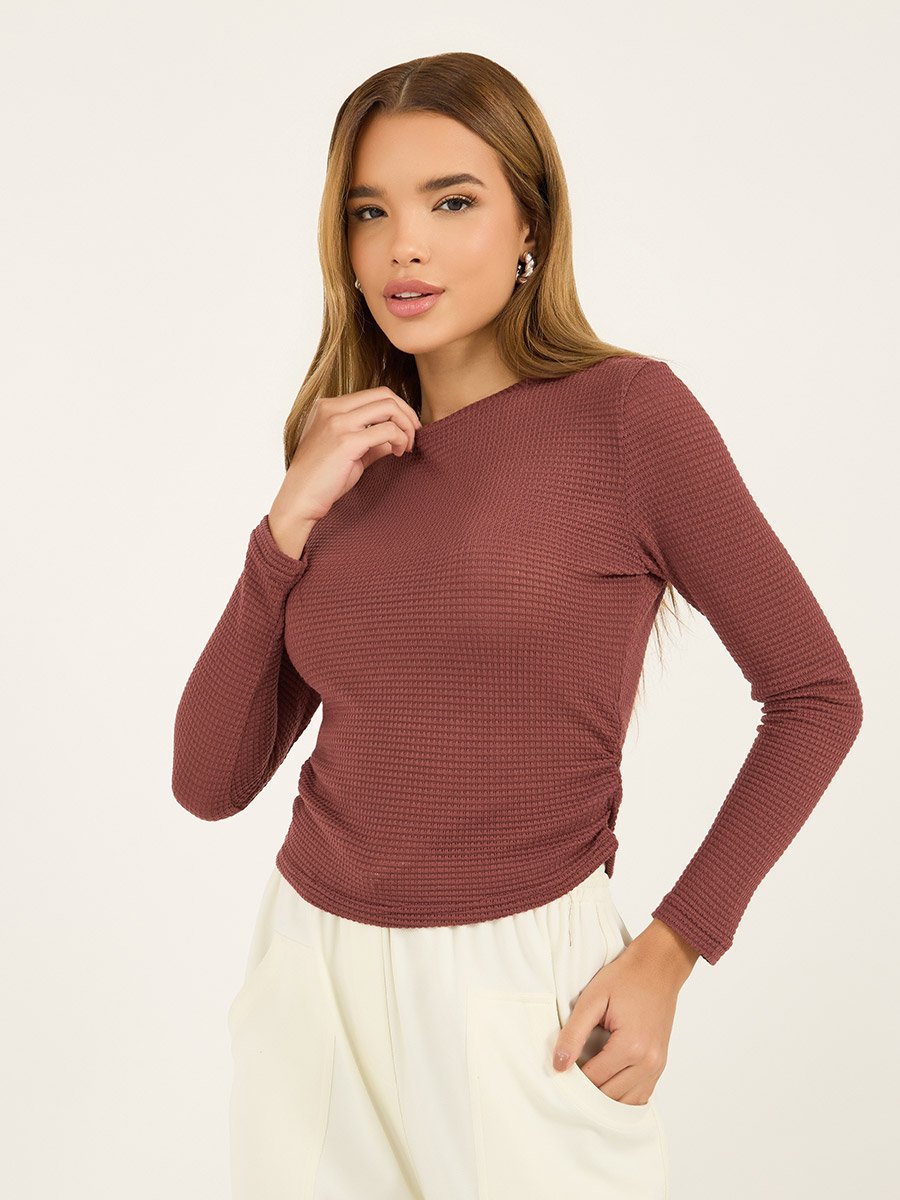 Texture Waffle Knit Top with Gathered Detail