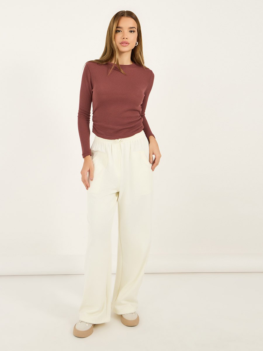 Texture Waffle Knit Top with Gathered Detail