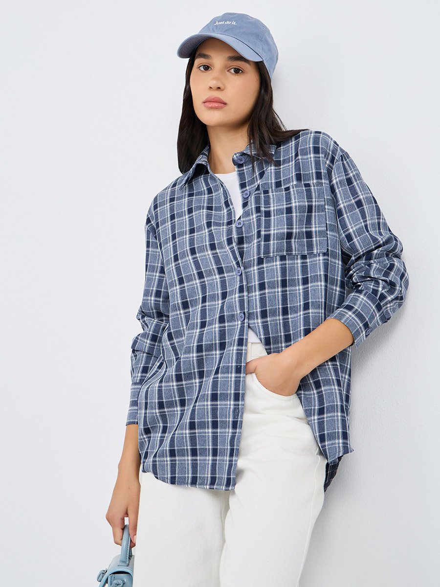 Checkered Print Spread Collar Oversized Shirt