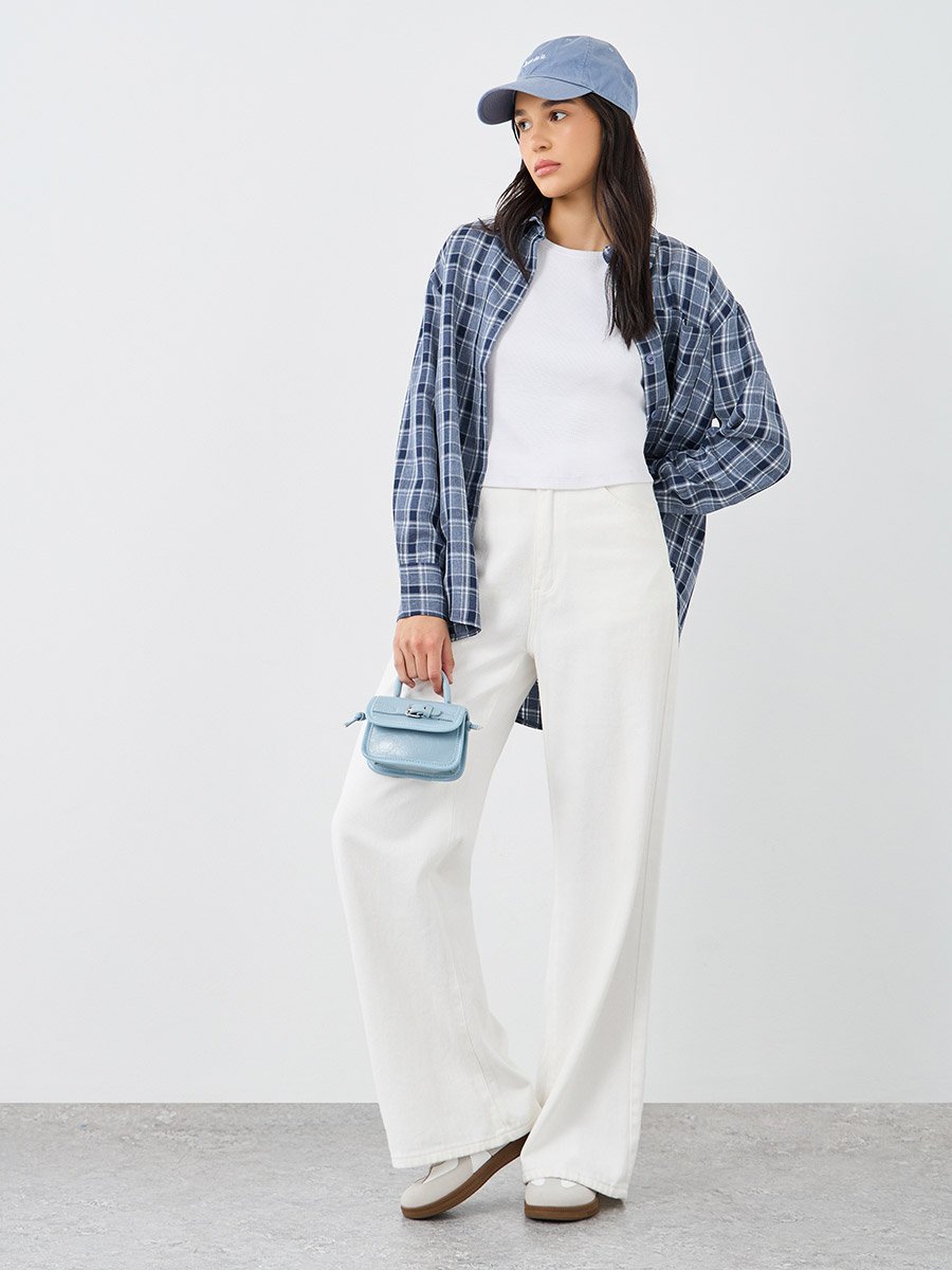 Checkered Print Spread Collar Oversized Shirt