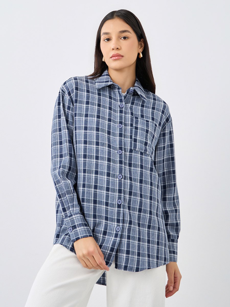 Checkered Print Spread Collar Oversized Shirt