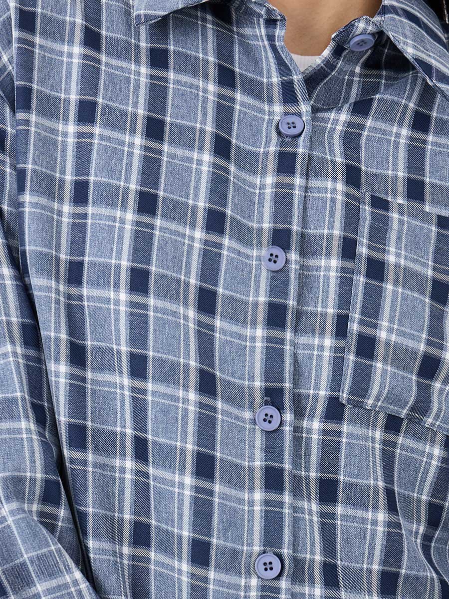 Checkered Print Spread Collar Oversized Shirt
