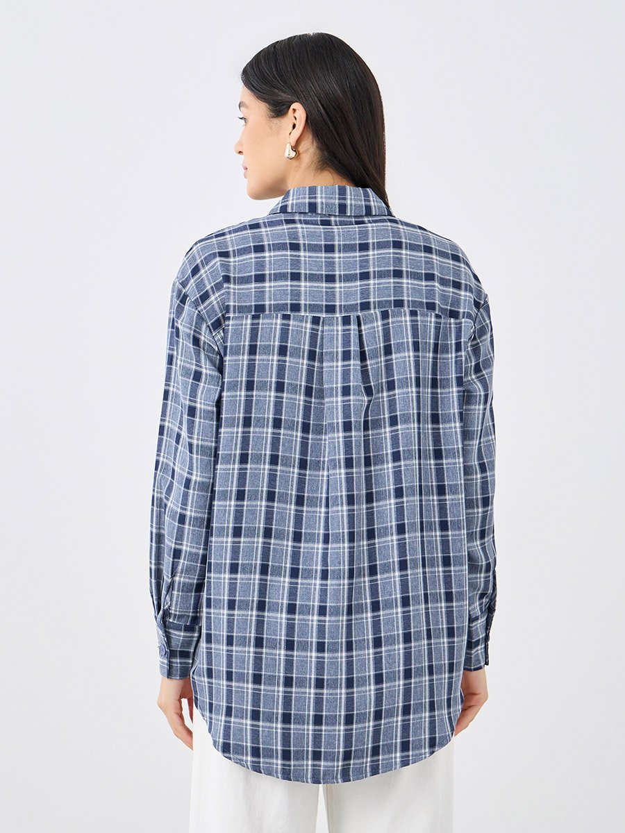 Checkered Print Spread Collar Oversized Shirt
