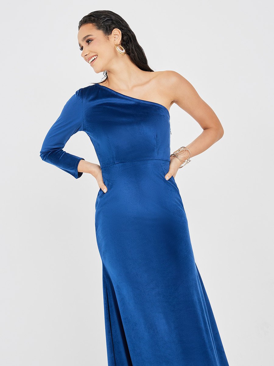 Velvet One Shoulder Sleeve Mermaid Maxi Dress