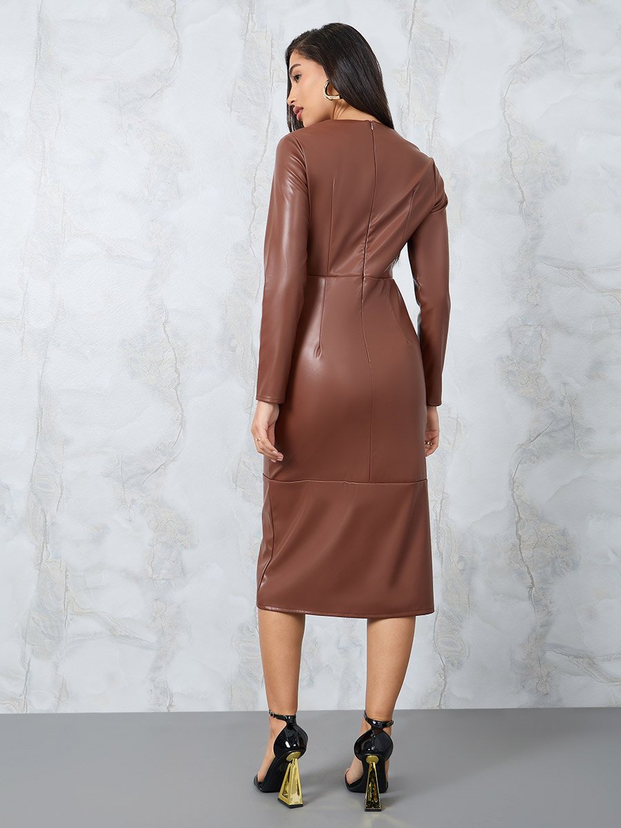 burgundy maternity dresses Layton Ruched Leather Camel Dress – Thomas and Rye