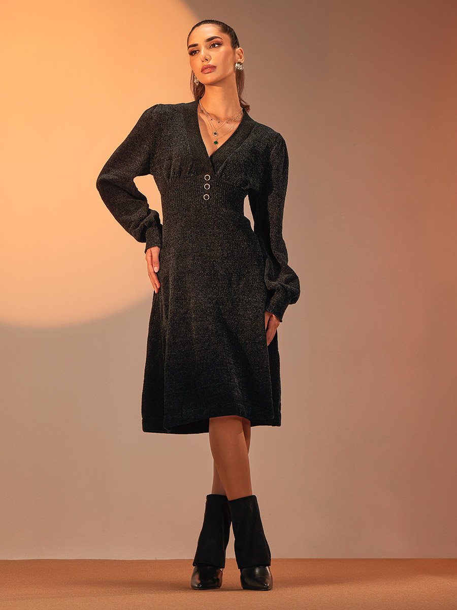 V Neck Knitted Knee Length Winter Dress For Women at Kuwait | Styli