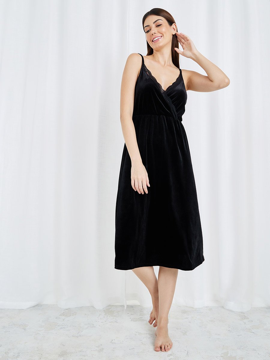 Velvet Lace Trim Cami Slip Dress For Women at UAE | Styli Velvet Lace Trim Cami Slip Dress For Women at UAE | Styli