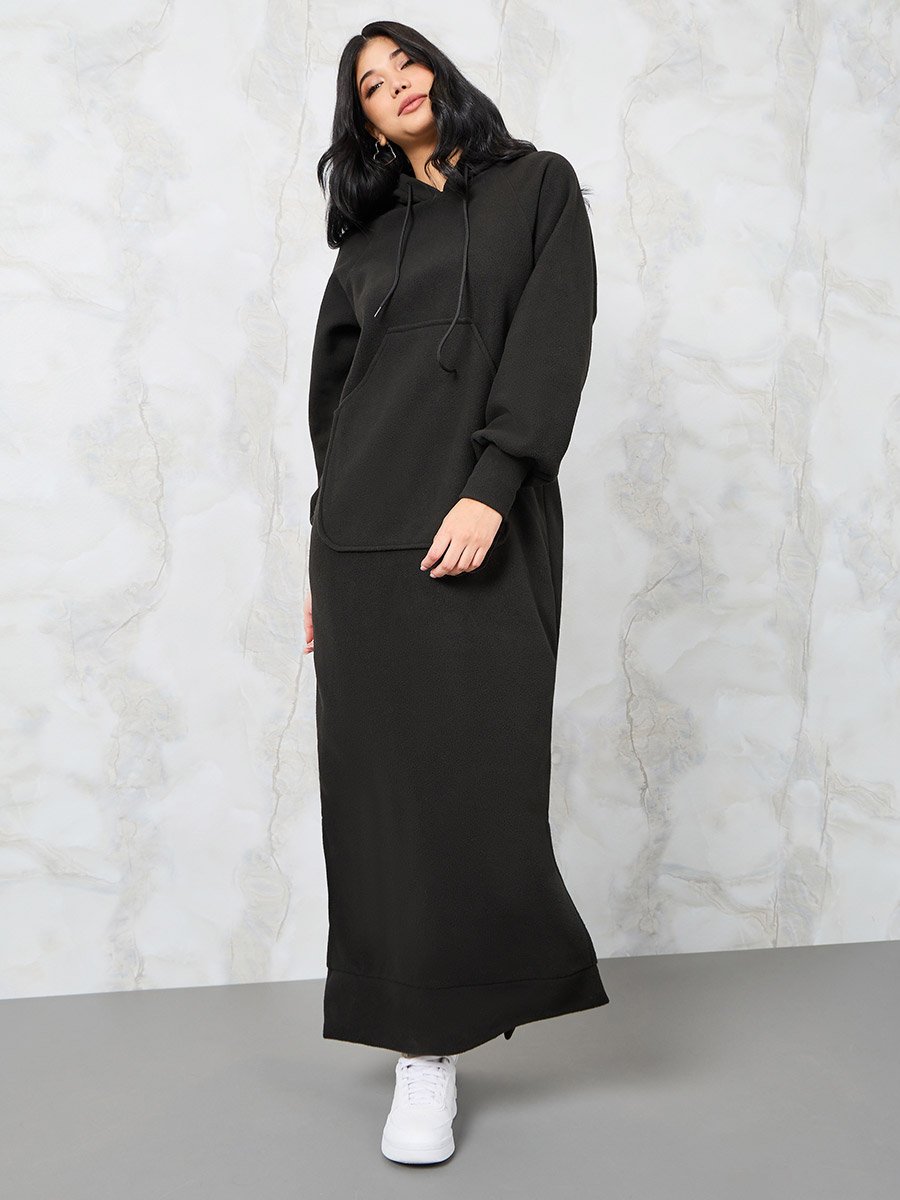 Solid Hooded Sweatshirt Maxi Dress For Women at UAE | Styli Solid Hooded Sweatshirt Maxi Dress For Women at UAE | Styli