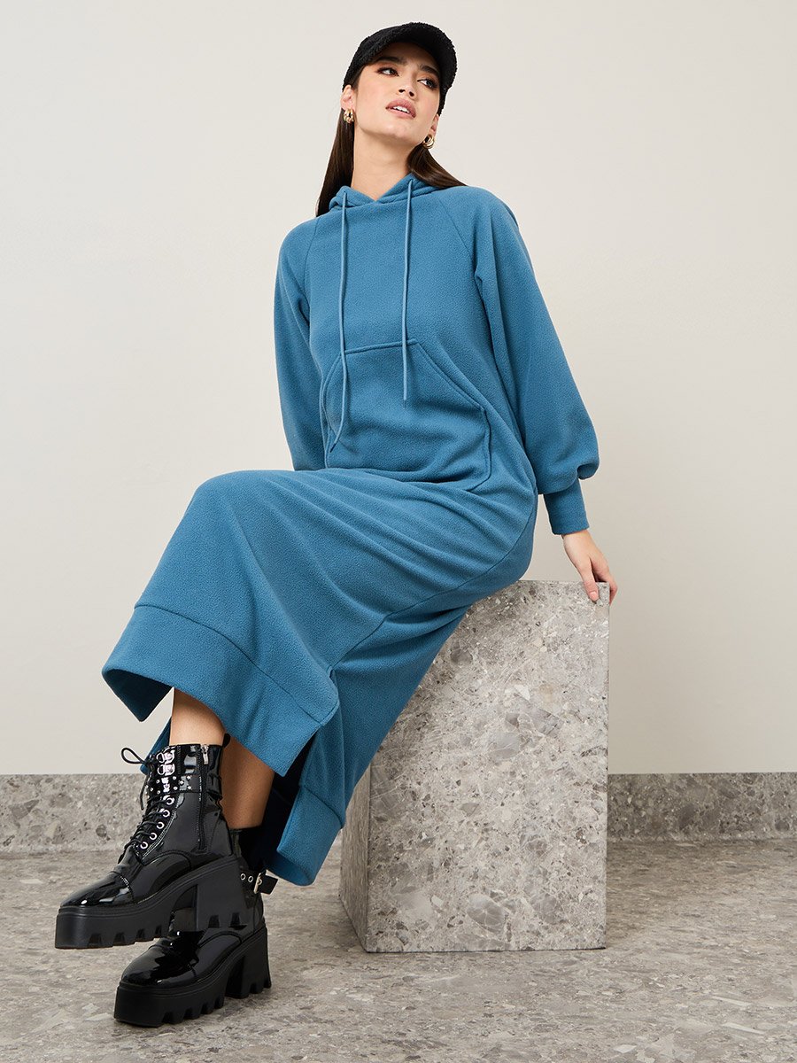 Solid Hooded Sweatshirt Maxi Dress For Women at UAE | Styli Solid Hooded Sweatshirt Maxi Dress For Women at UAE | Styli
