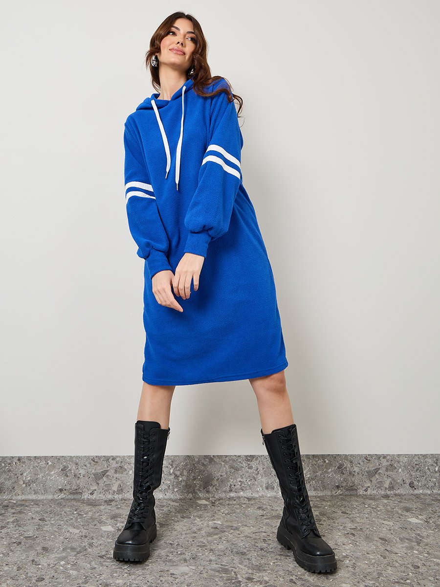 Striped Sleeve Hooded Knee Length Sweatshirt Dress For Women at Saudi |  Styli