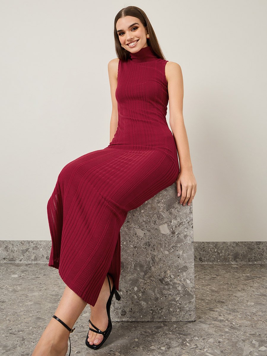 Ribbed Knit Bodycon Maxi Dress with Side Slit For Women at Saudi