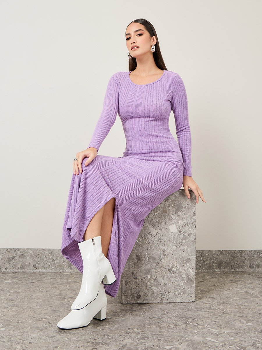 Ribbed Knit A-Line Maxi Dress with Front Split For Women at Saudi | Styli