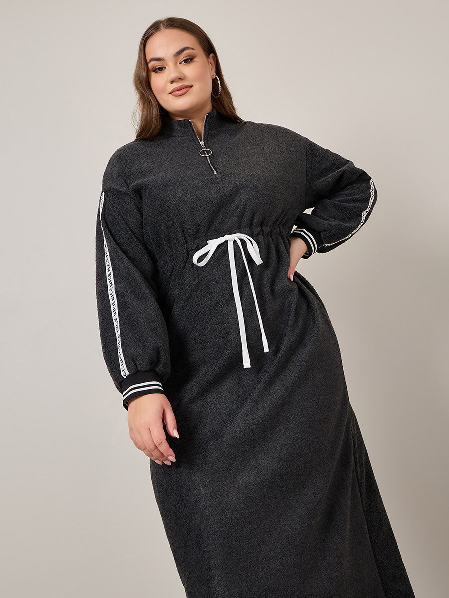 Plus Half Zip Tie Up Maxi Sweatshirt Dress For Women at Kuwait | Styli Plus Half Zip Tie Up Maxi Sweatshirt Dress For Women at Kuwait | Styli