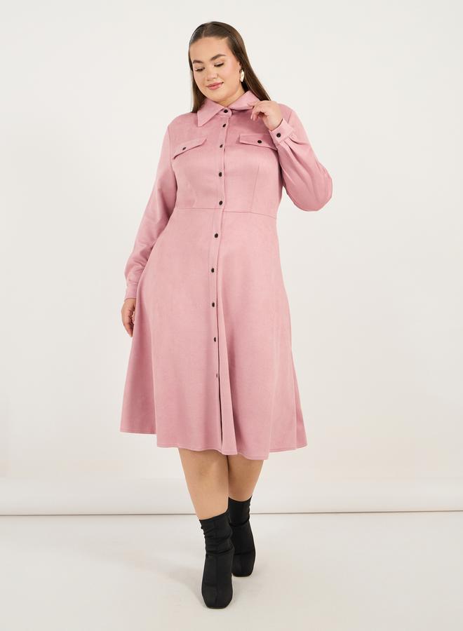 Plus Size Suede Look Shirt Midi Dress with Buttons