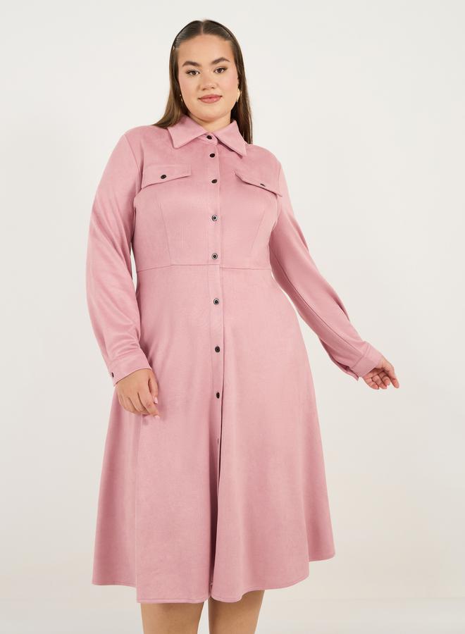 Plus Size Suede Look Shirt Midi Dress with Buttons