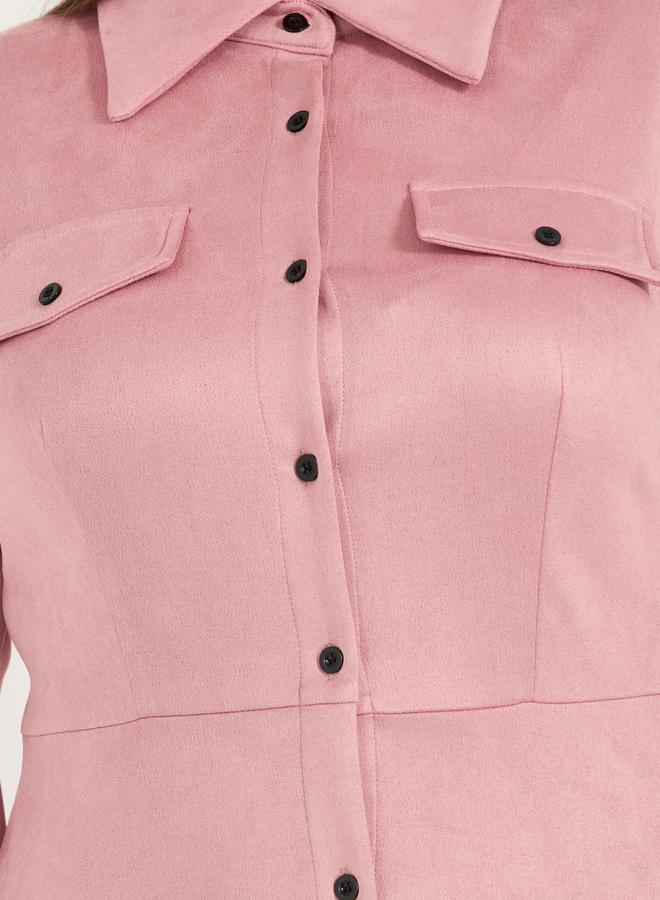 Plus Size Suede Look Shirt Midi Dress with Buttons