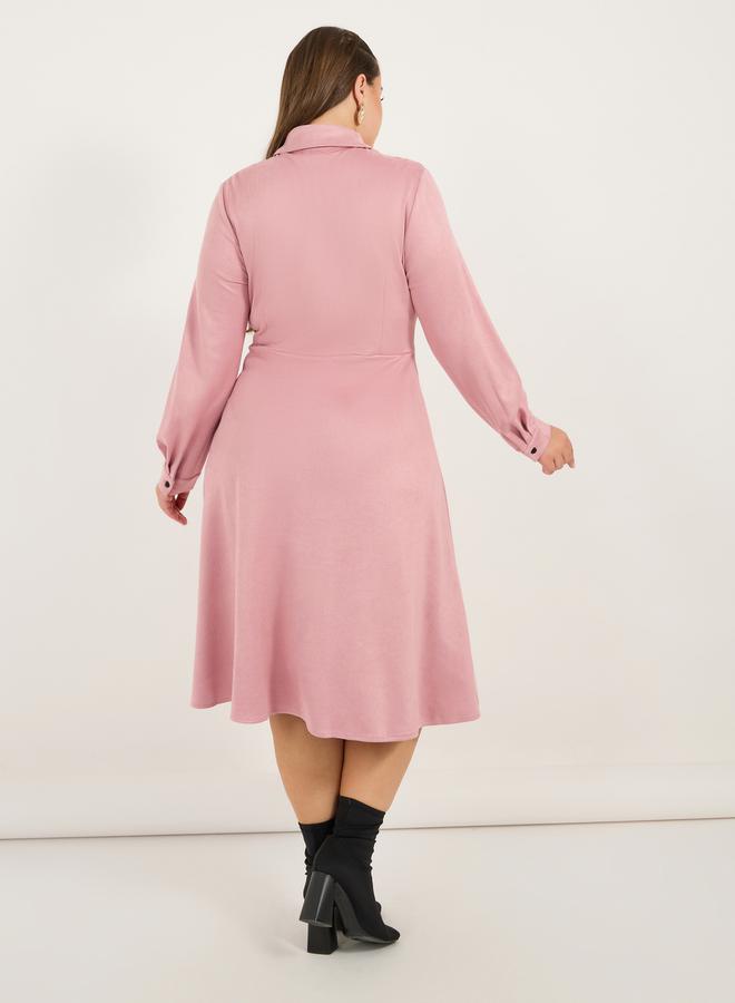 Plus Size Suede Look Shirt Midi Dress with Buttons