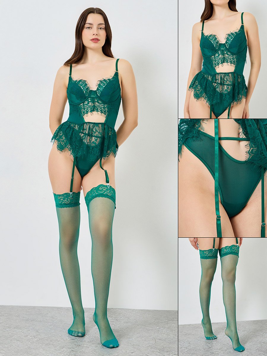 Pack of 3 - Non Padded Wired Eyelash Lace Babydoll, Thong and Stockings