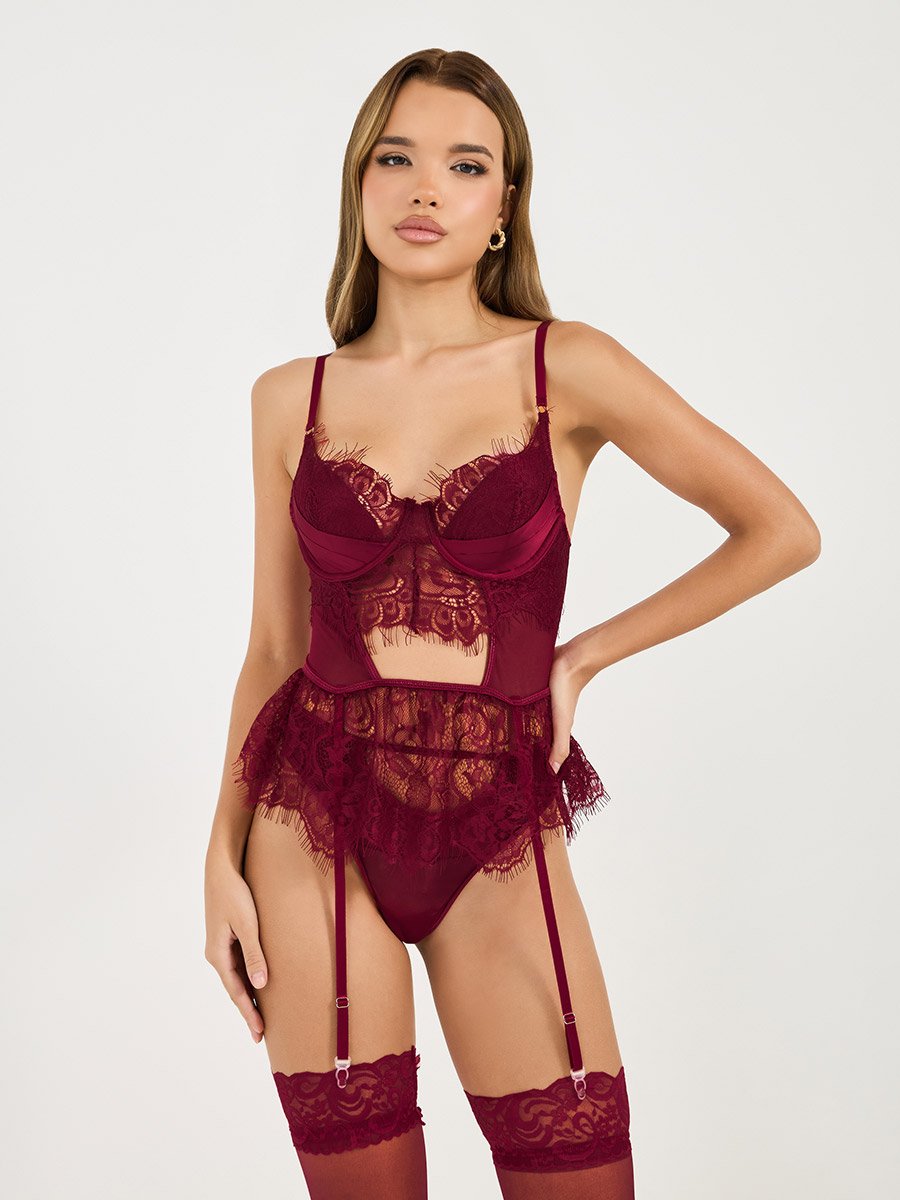 Pack of 3 - Non Padded Wired Eyelash Lace Babydoll, Thong and Stockings For Women at UAE | Styli Pack of 3 - Non Padded Wired Eyelash Lace Babydoll, Thong and Stockings For Women at UAE | Styli