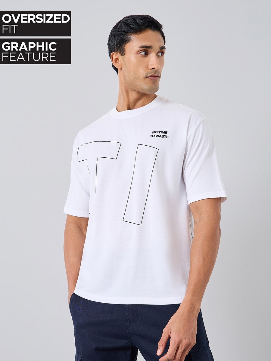 Men White Graphic Print Oversized T-Shirt