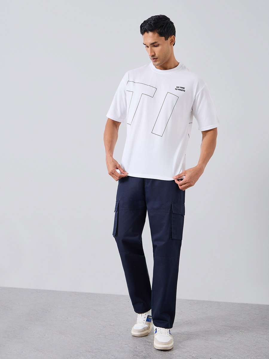 Men White Graphic Print Oversized T-Shirt